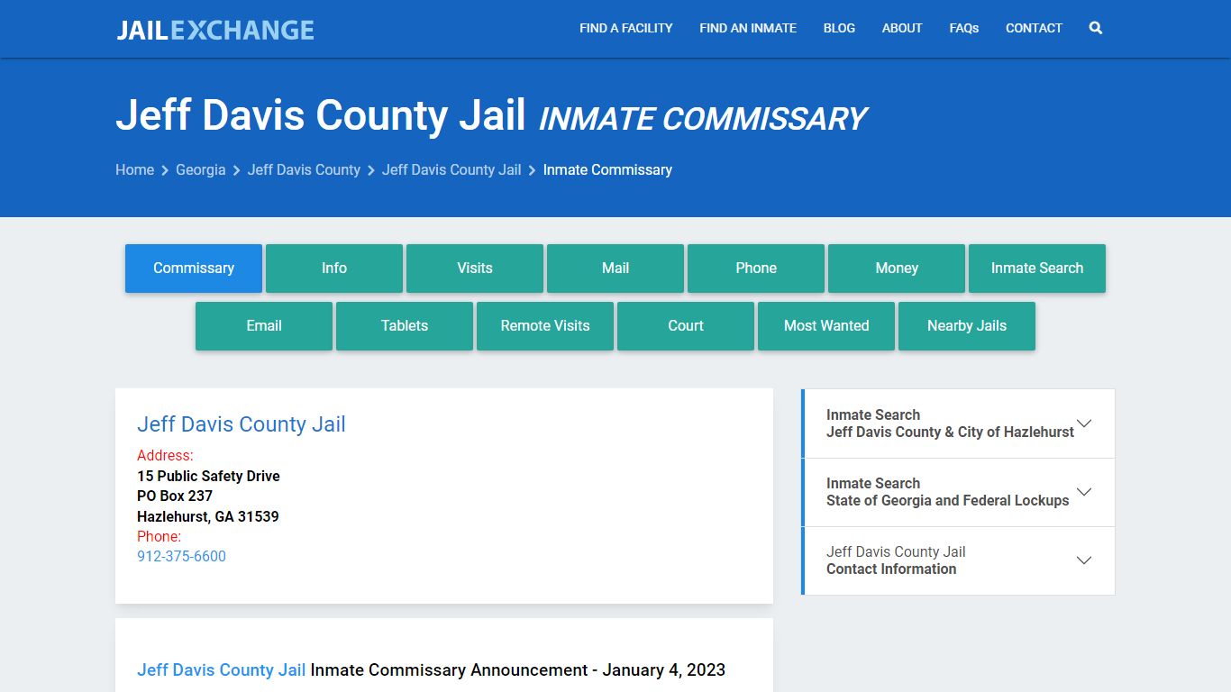 Inmate Commissary, Care Packs - Jeff Davis County Jail, GA - Jail Exchange